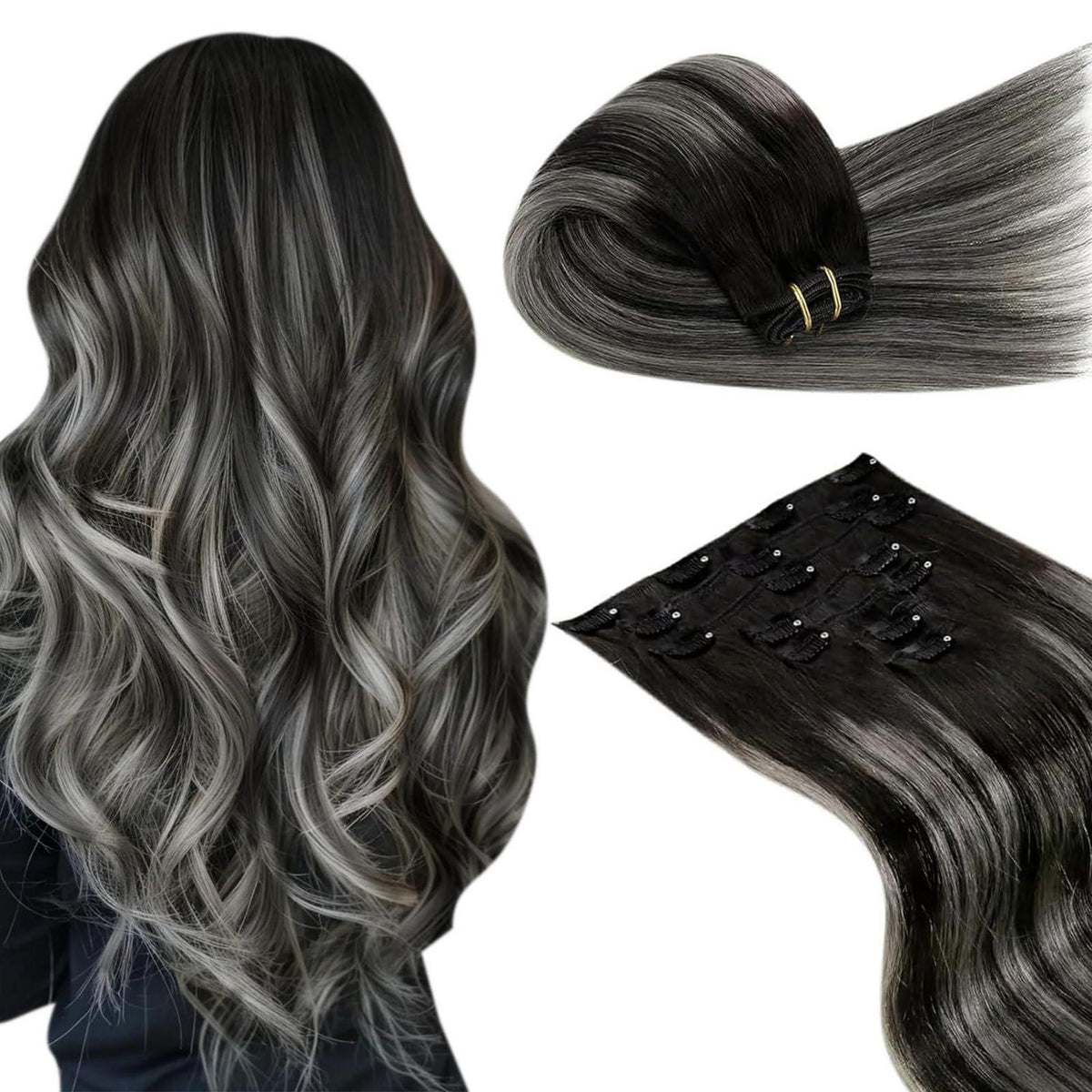 Clip-in Echthaar Extensions Ombre Schwarz Silber 55cm