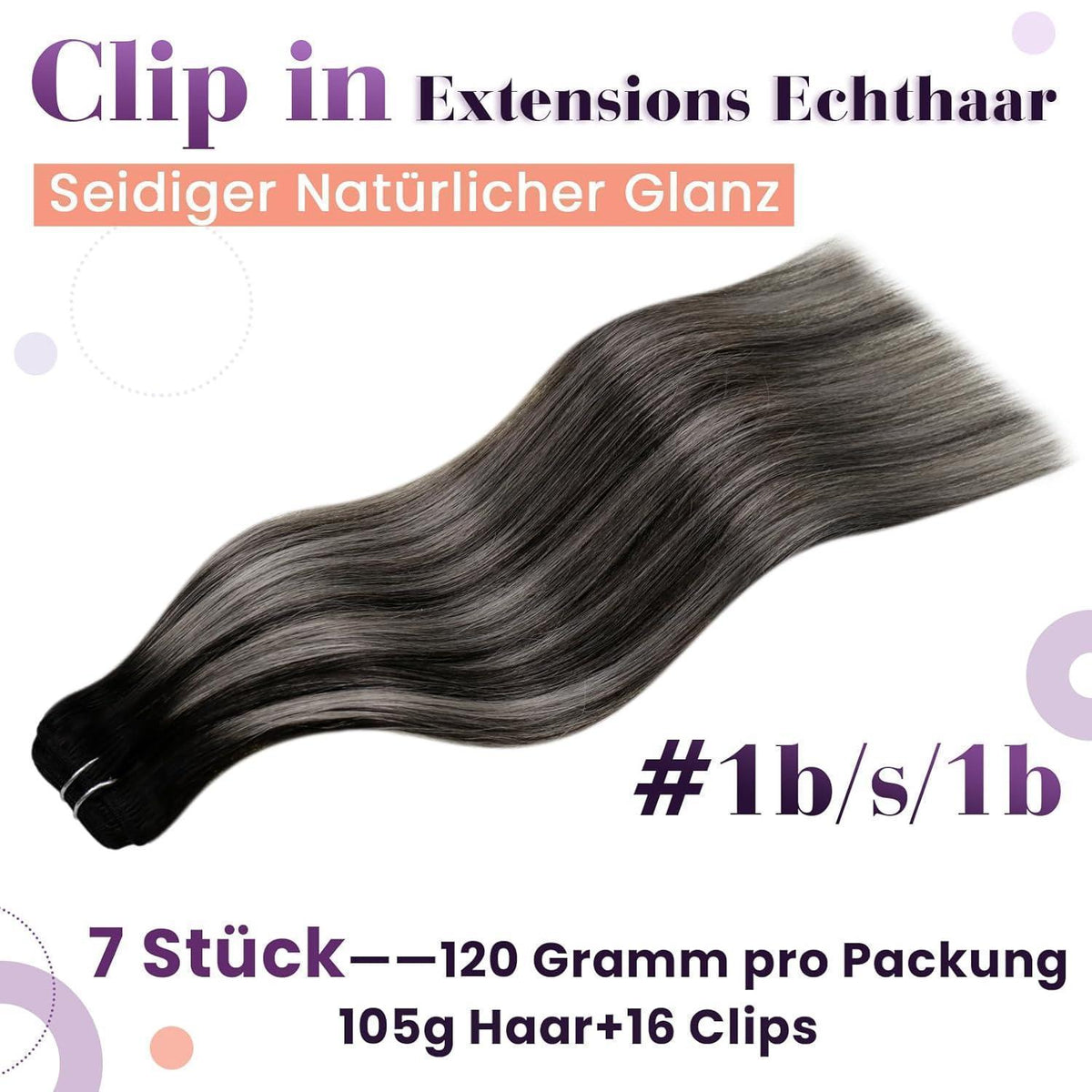 Clip-in Echthaar Extensions Ombre Schwarz Silber 55cm