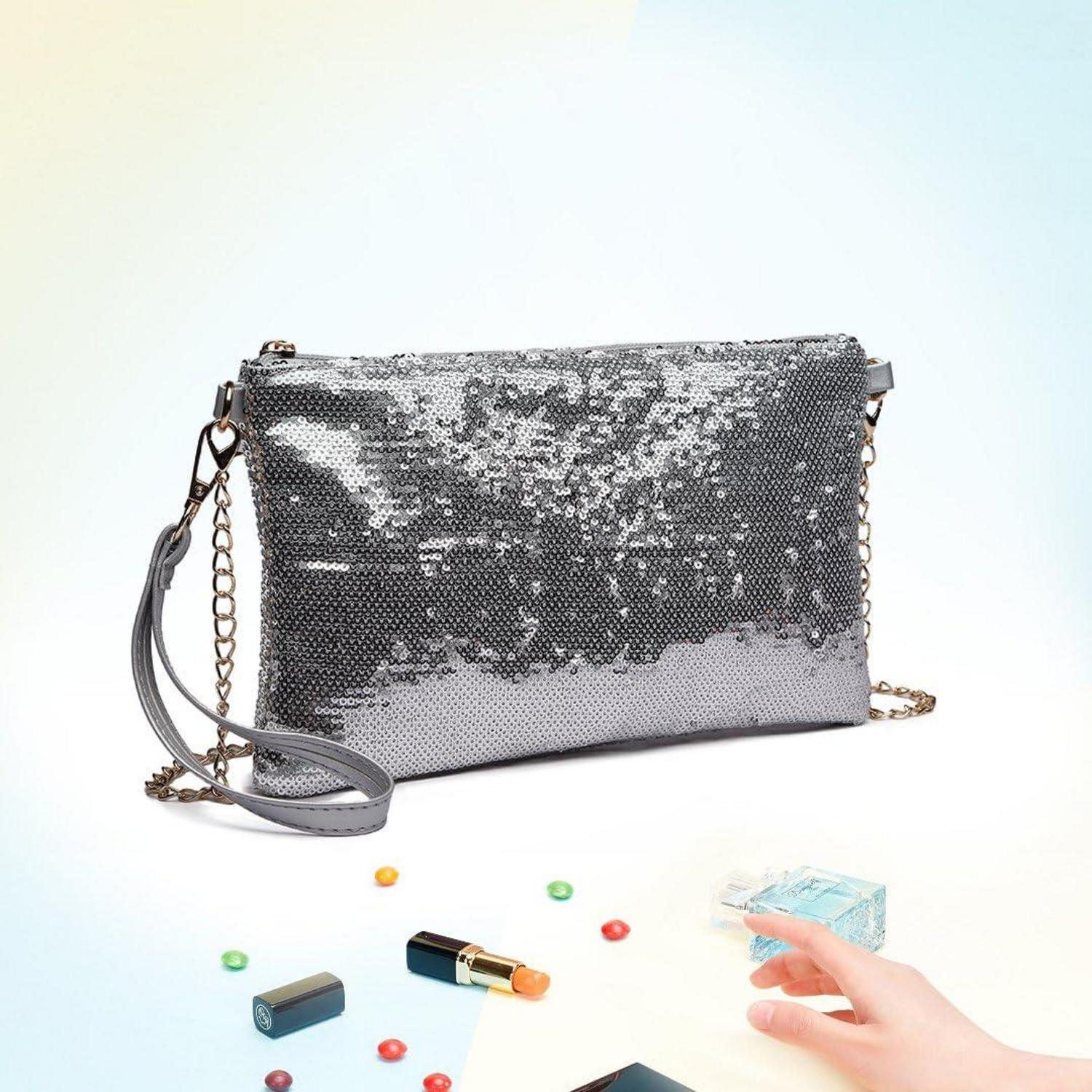 Kleine Pailletten Clutch Damen Umhängetasche Party Schultertasche
