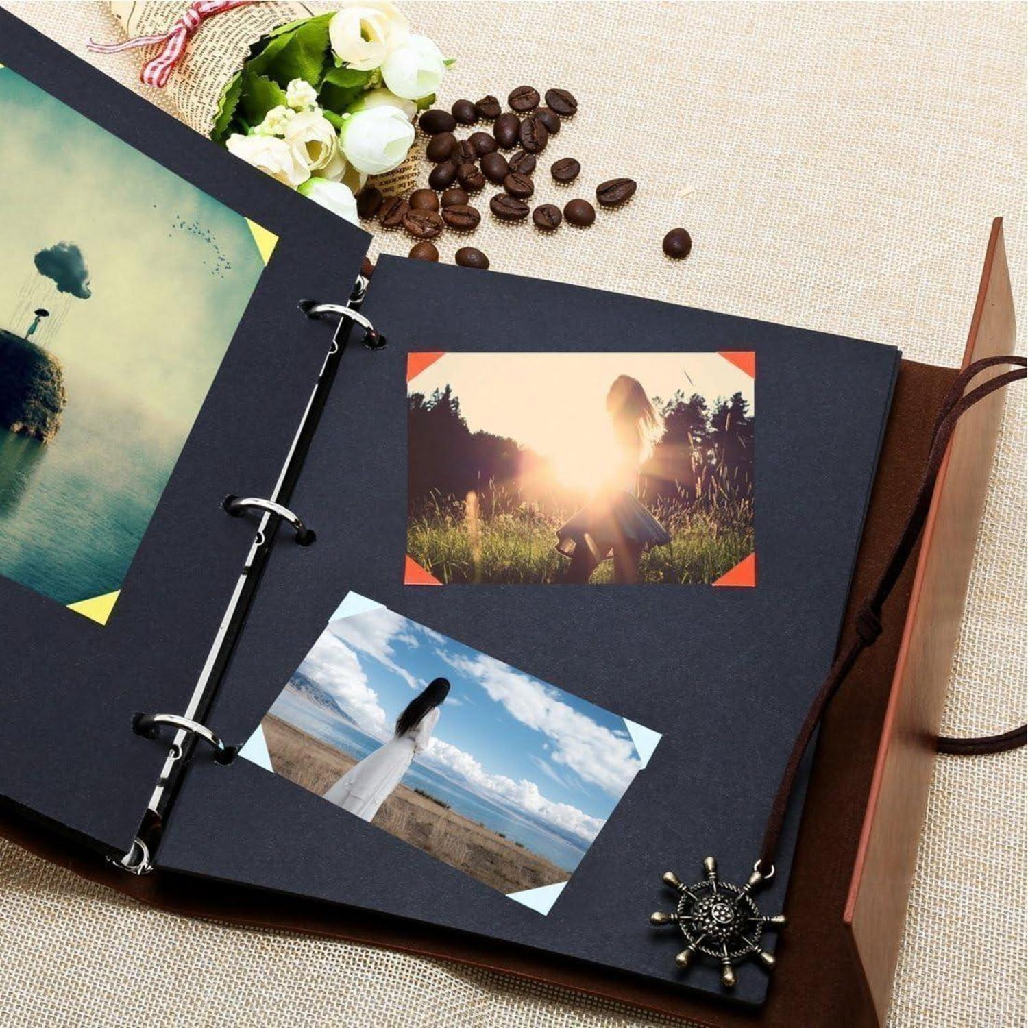Fotoalbum zum Selbstgestalten 18x22cm Vintage Gästebuch Leder Fotobuch 60 Seiten mit Fotoecken Geschenk für Paare - Braun