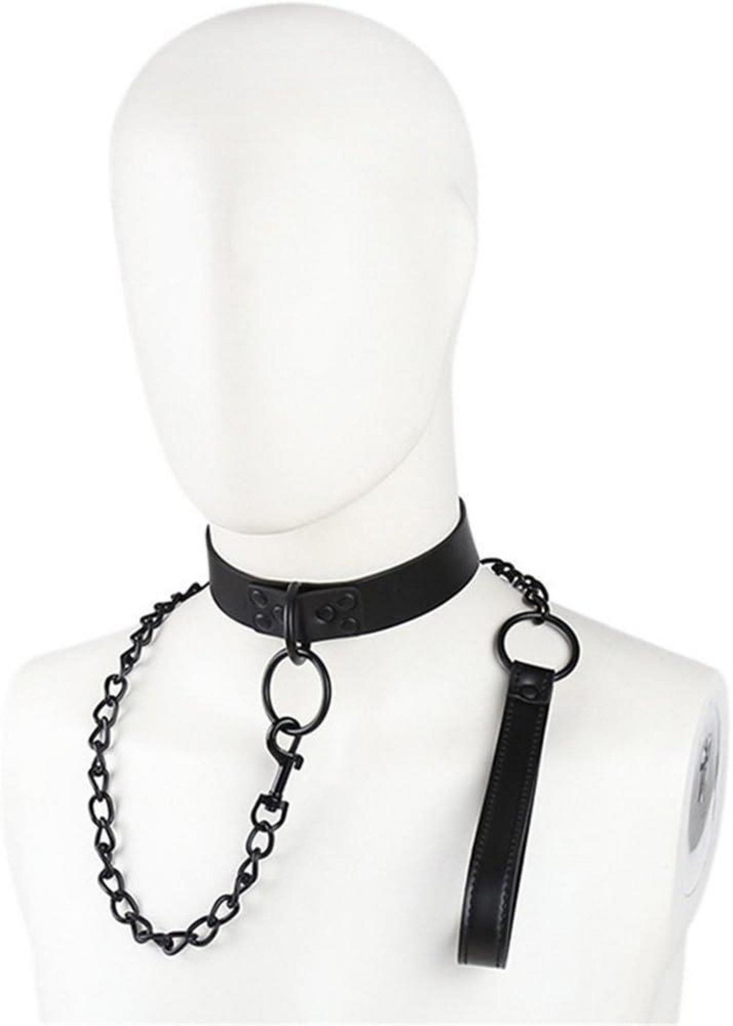 BDSM Halsband mit Eisen-Ketten und O-Ringen - Erotik Fesseln Bondage