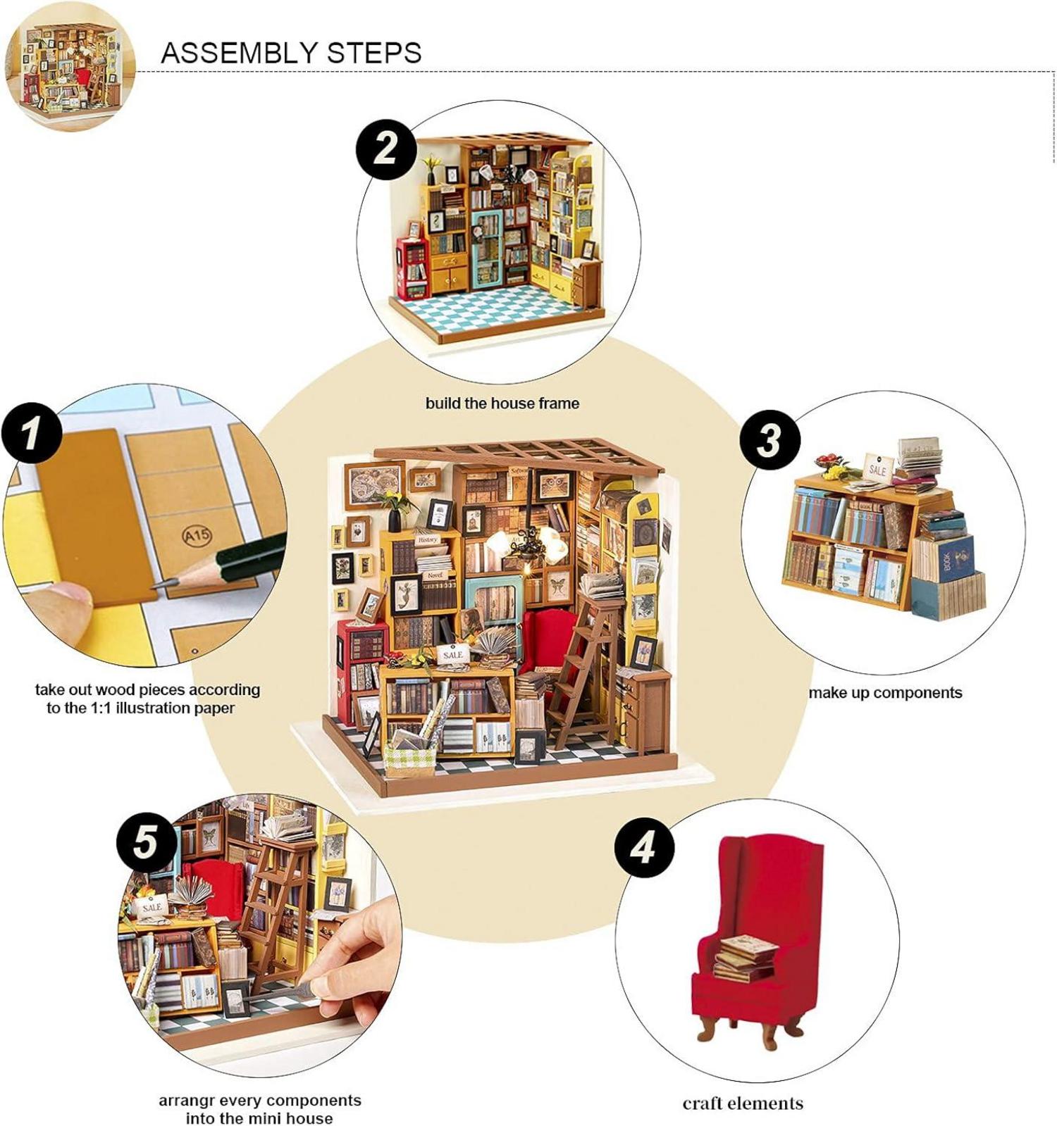 Rolife Miniatur Puppenhaus Kit DIY Holz Bibliothek Haus Modell Kinder 14-17 Jahre alt LED-Licht