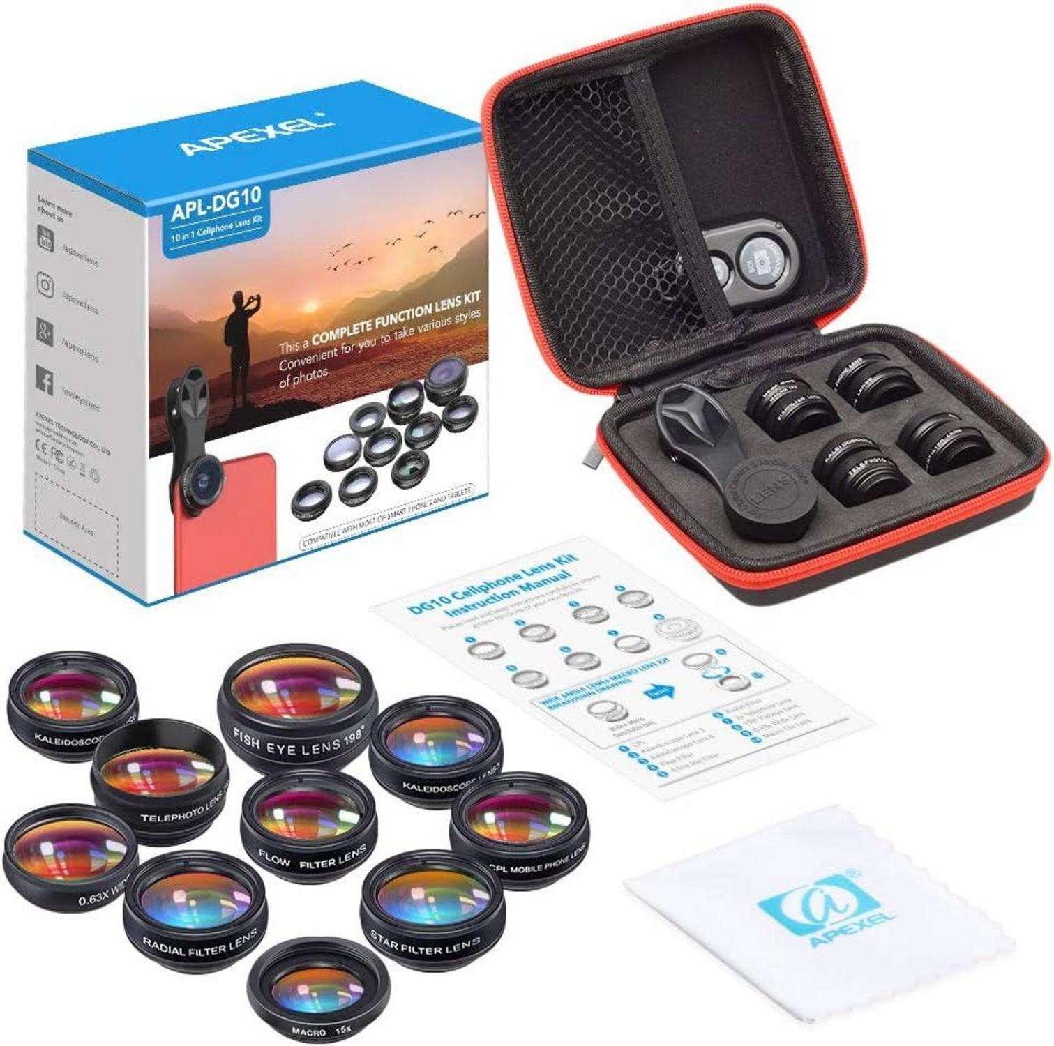 Apexel 10in1 Handy Kamera Objektiv Kit Weitwinkel Makro Tele Fisheye Filter