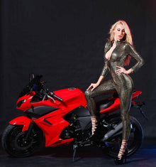 Damen Katzenkostüm Schlangenhaut Streifen Club Lack Anzug