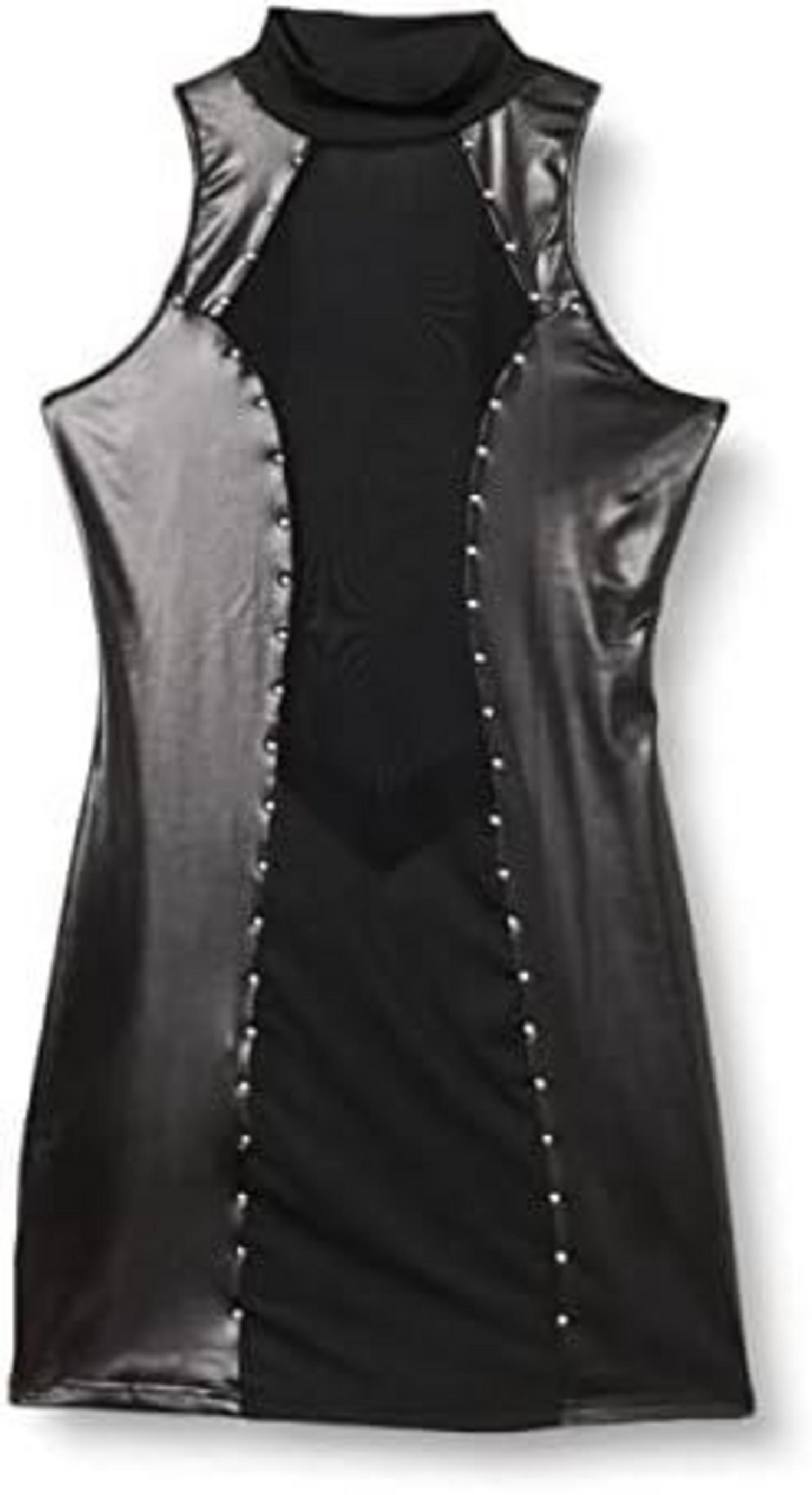Damen Sexy Lackleder Minikleid Nieten Stretchkleid Schwarz XL