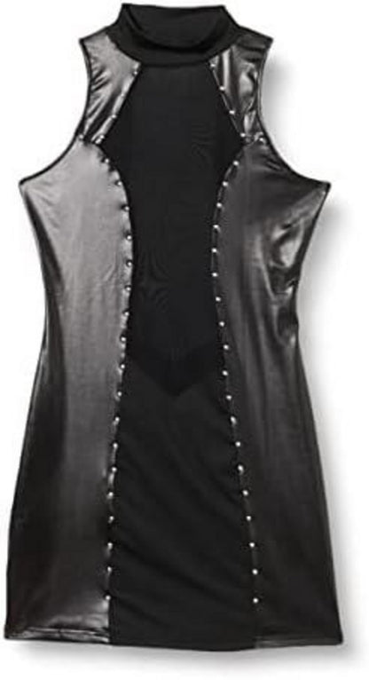 Damen Sexy Lackleder Minikleid Nieten Stretchkleid Schwarz XL