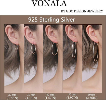 VONALA Damen Sterling Silber große Creolen Ohrringe 20mm, 30mm, 40mm, 50mm, 60mm