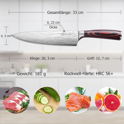Premium Kochmesser mit Holzgriff 20 cm Küchenmesser Extra Scharfe Messerklinge