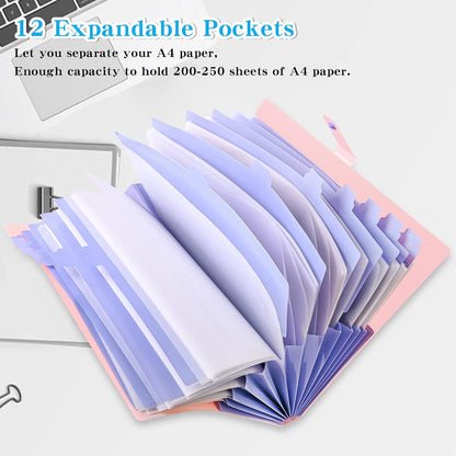 Fächermappe A4 Dokumentenmappe Erweiterbar Tragbar Aktenordner 12 Taschen Pink
