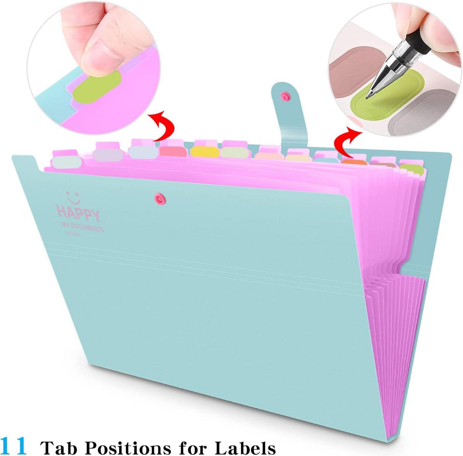 Faechermappe A4 Dokumentenmappe Ordner 12 Taschen Erweiterbar Grün Pink