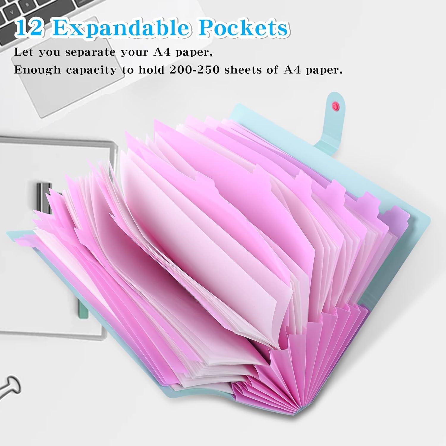 Fächermappe A4 Dokumentenmappe Ordner 12 Taschen Erweiterbar Green Pink