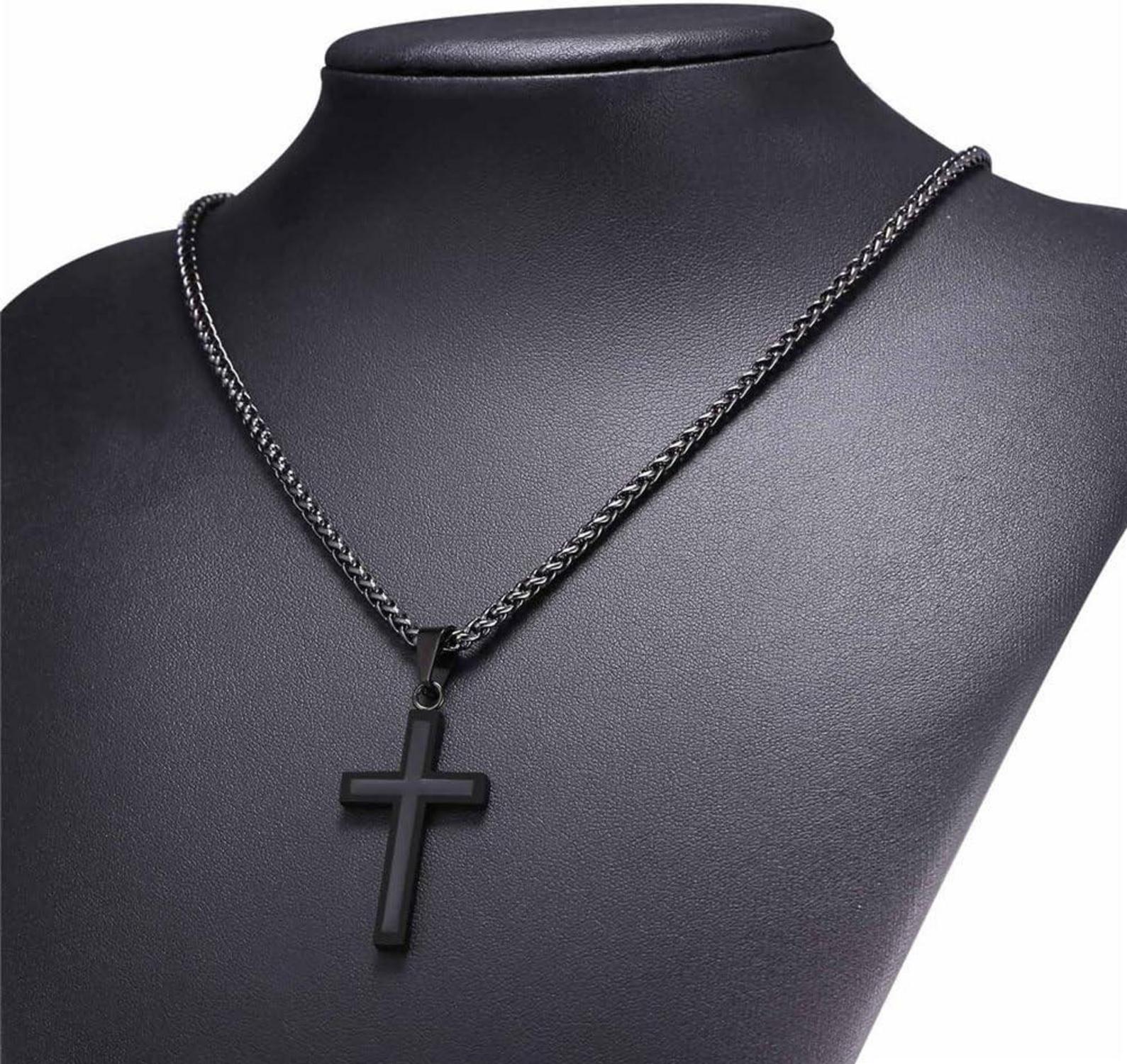 Herren Kreuz Halskette Edelstahl Schwarz Emaille Kruzifix