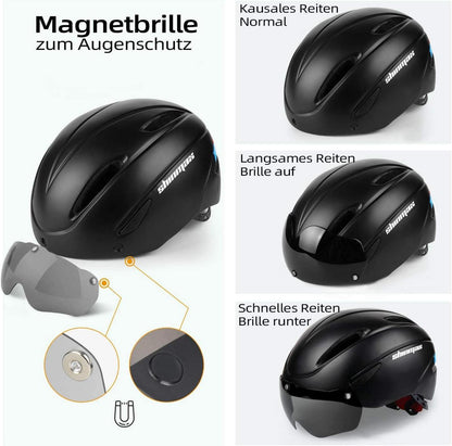 Fahrradhelm mit Visier Abnehmbarer Magnetischer Schutzbrille Schwarz