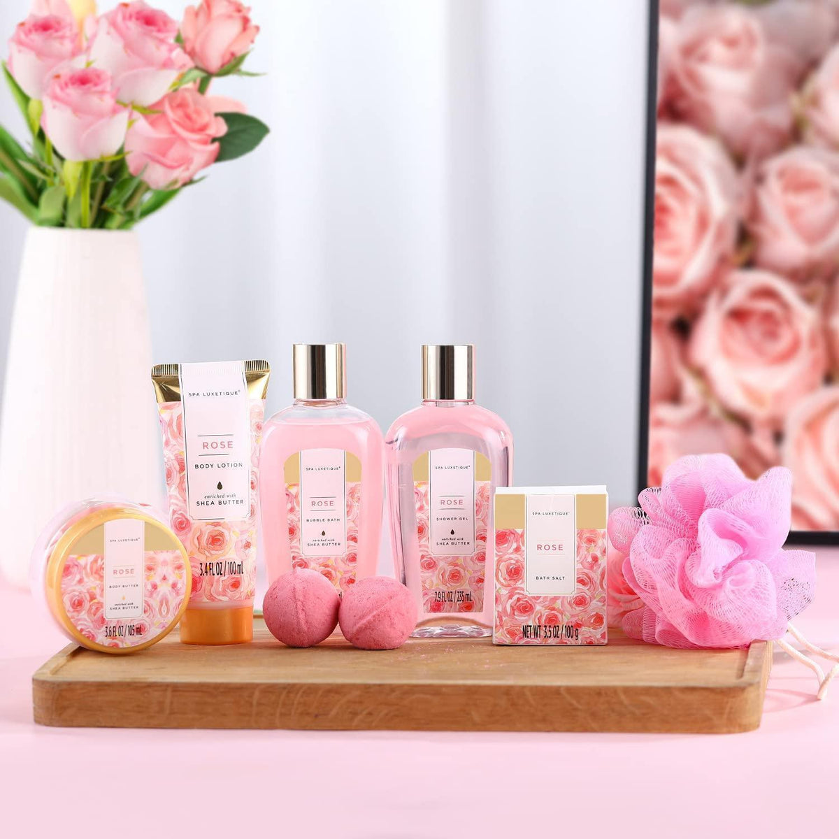 8-teiliges Bad Geschenkset Rosen Duft mit Deko Badewanne