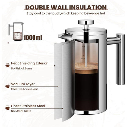Französische Press 1L Edelstahl Kaffeebereiter Doppelwandig