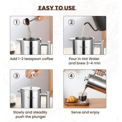 Französische Press 1L Edelstahl Kaffeebereiter Doppelwandig