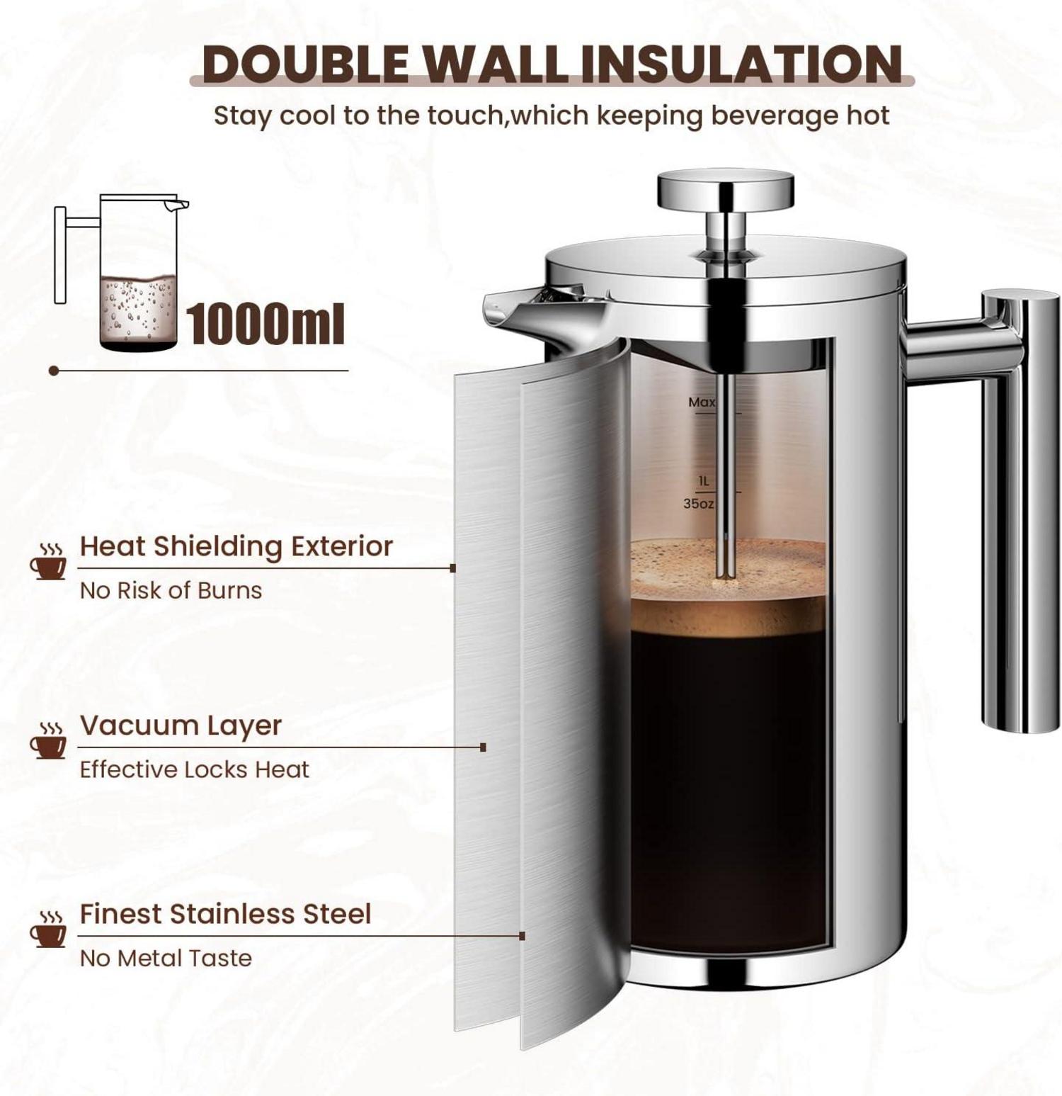 French Press Kaffeebereiter 1 Liter Edelstahl Isoliert mit Filter und
