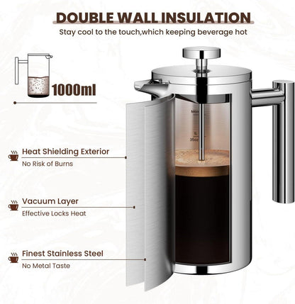 French Press Kaffeebereiter 1 Liter Edelstahl Isoliert mit Filter und