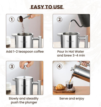 Velaze French Press 1L Kaffeebereiter Edelstahl Doppelwandig Isoliert 5 Edelstahlfilter Silber