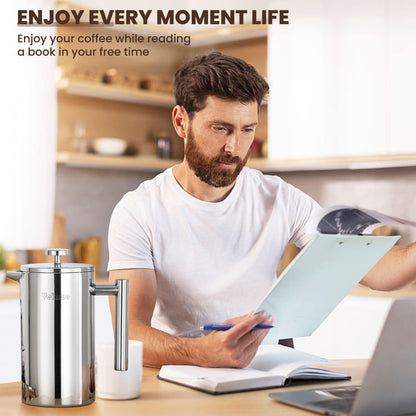 Velaze French Press 1L Kaffeebereiter Edelstahl Doppelwandig Isoliert 5 Edelstahlfilter Silber