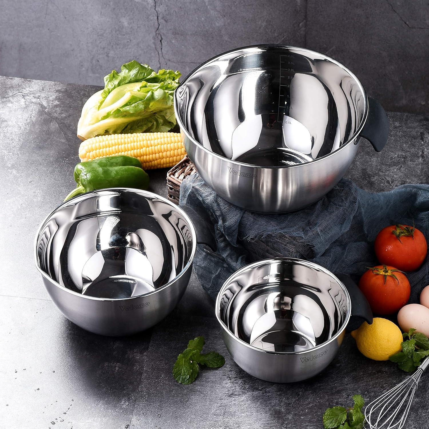 Edelstahl Salatschüssel Set Rührschüssel Stapelbar 3 Stück Silikonboden 5L / 3L / 1.5L
