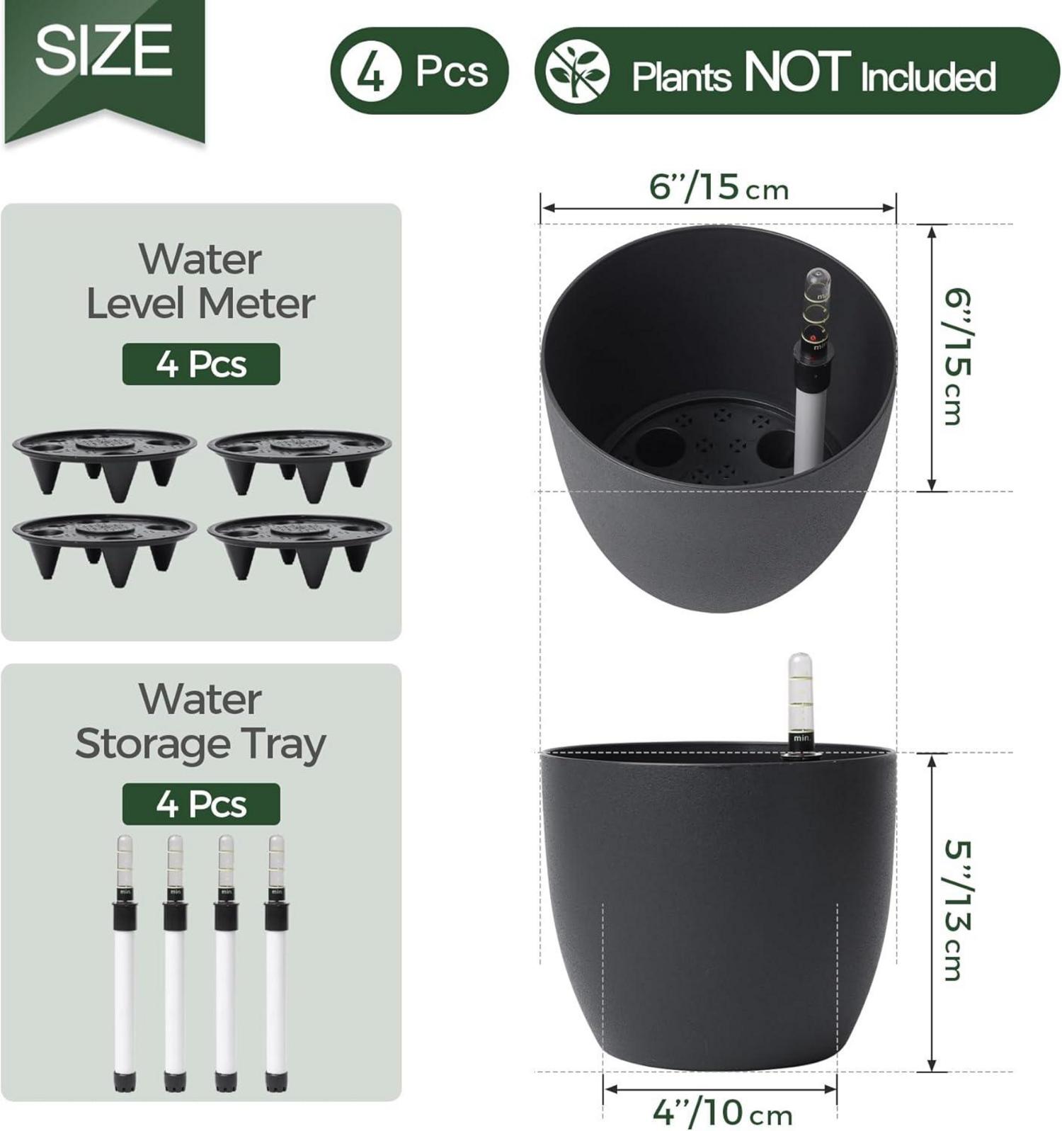 Selbstwässernder Blumentopf mit Wasseranzeiger Schwarz 4er-Set