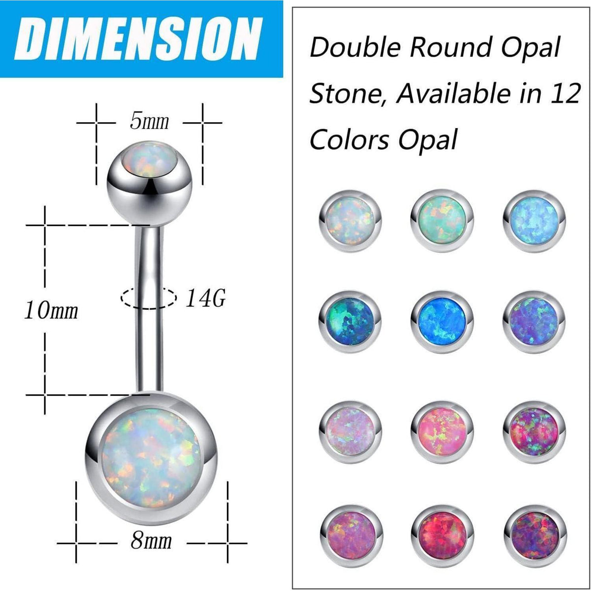 Bauchnabelpiercing 14G mit Opal, Chirurgenstahl, gebogen, blau