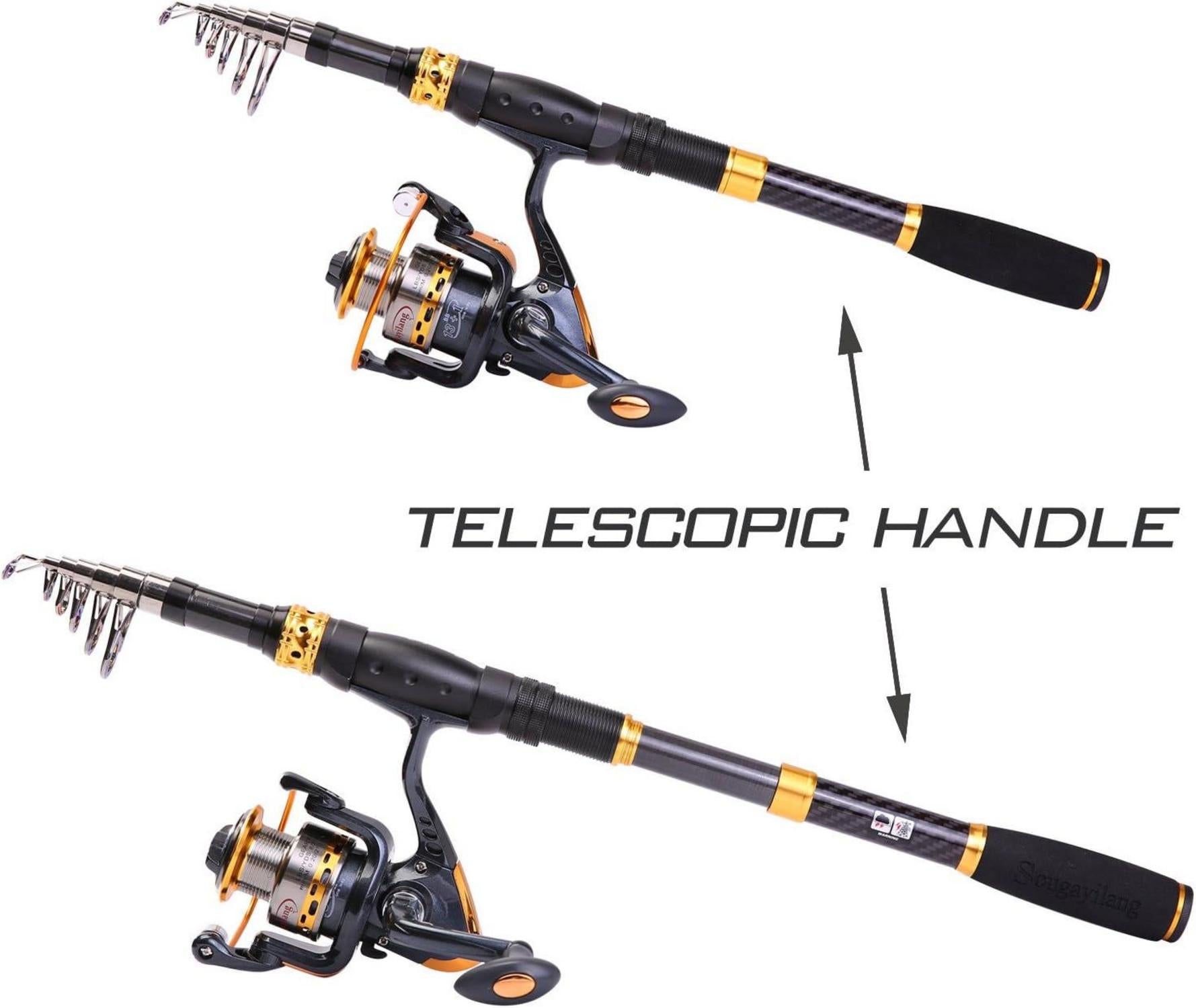 Teleskop-Angelrute Carbon Spinnrute mit Spule, 2,4m, Süß- & Salzwasser, Tragetasche