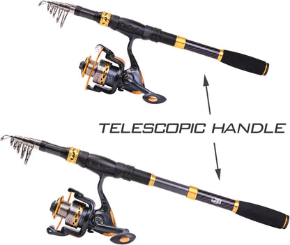 Teleskop-Angelrute Carbon Spinnrute mit Spule, 2,4m, Süß- & Salzwasser, Tragetasche