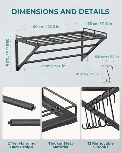 OROPY Topfregal 3-Schicht Wandmontage Pfannenhalter 60x29.5x24.5cm