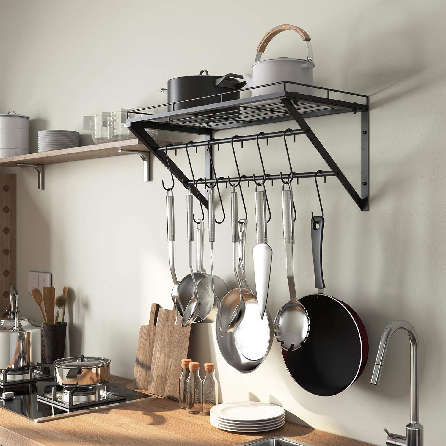 Topf-Rack, Wandmontage Küchenregal mit 12 Haken, 60 * 29.5