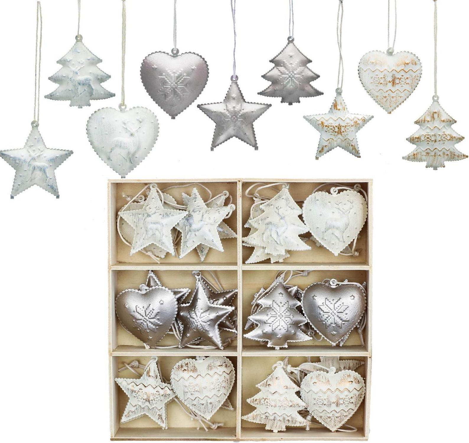 24er Set Weihnachtsanhänger Metall 5cm Herz Stern Baum
