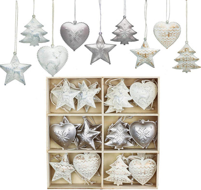 24er Set Weihnachtsanhänger Metall 5cm Herz Stern Baum