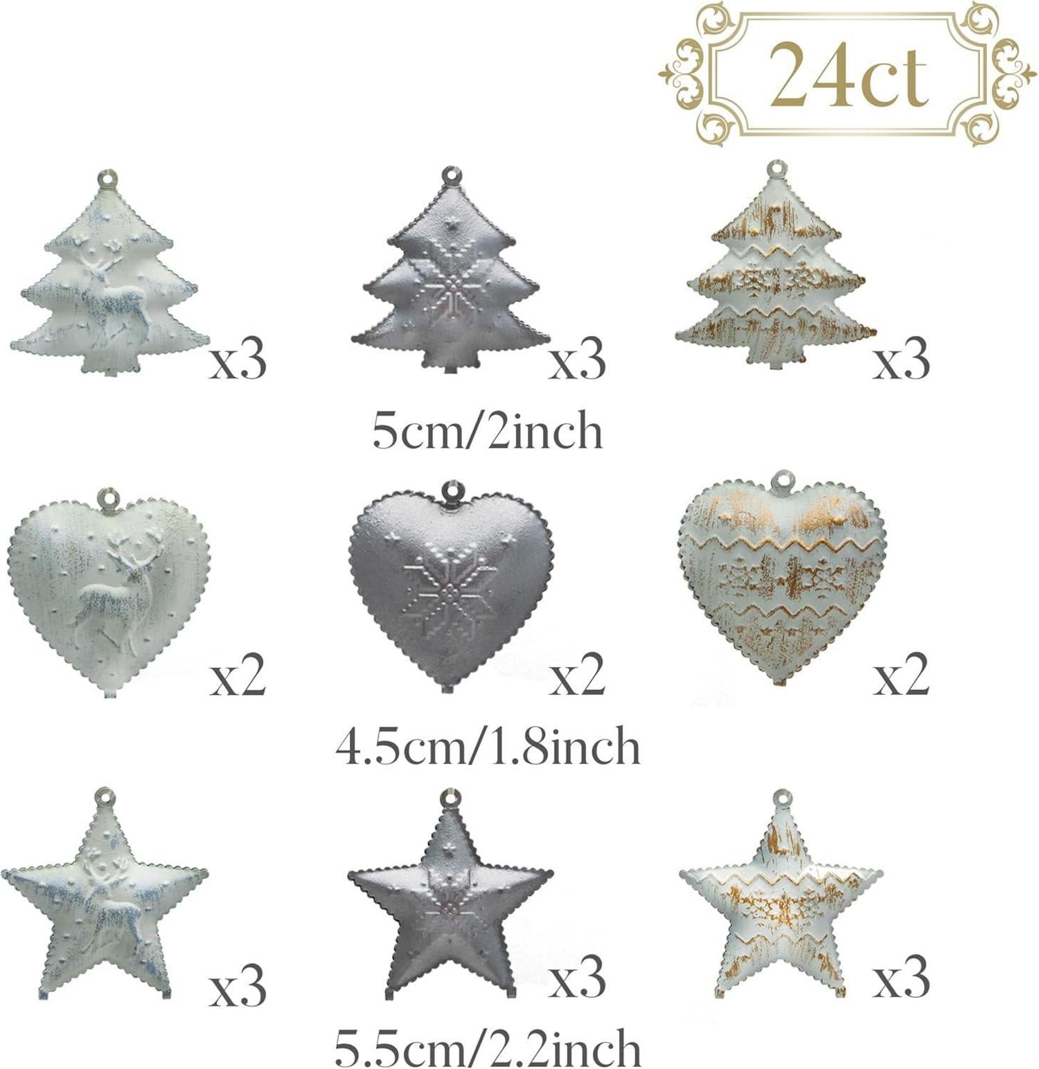 24tlg Metallanhänger Weihnachtsglocken Herz Stern Baum Weihnachtsdeko