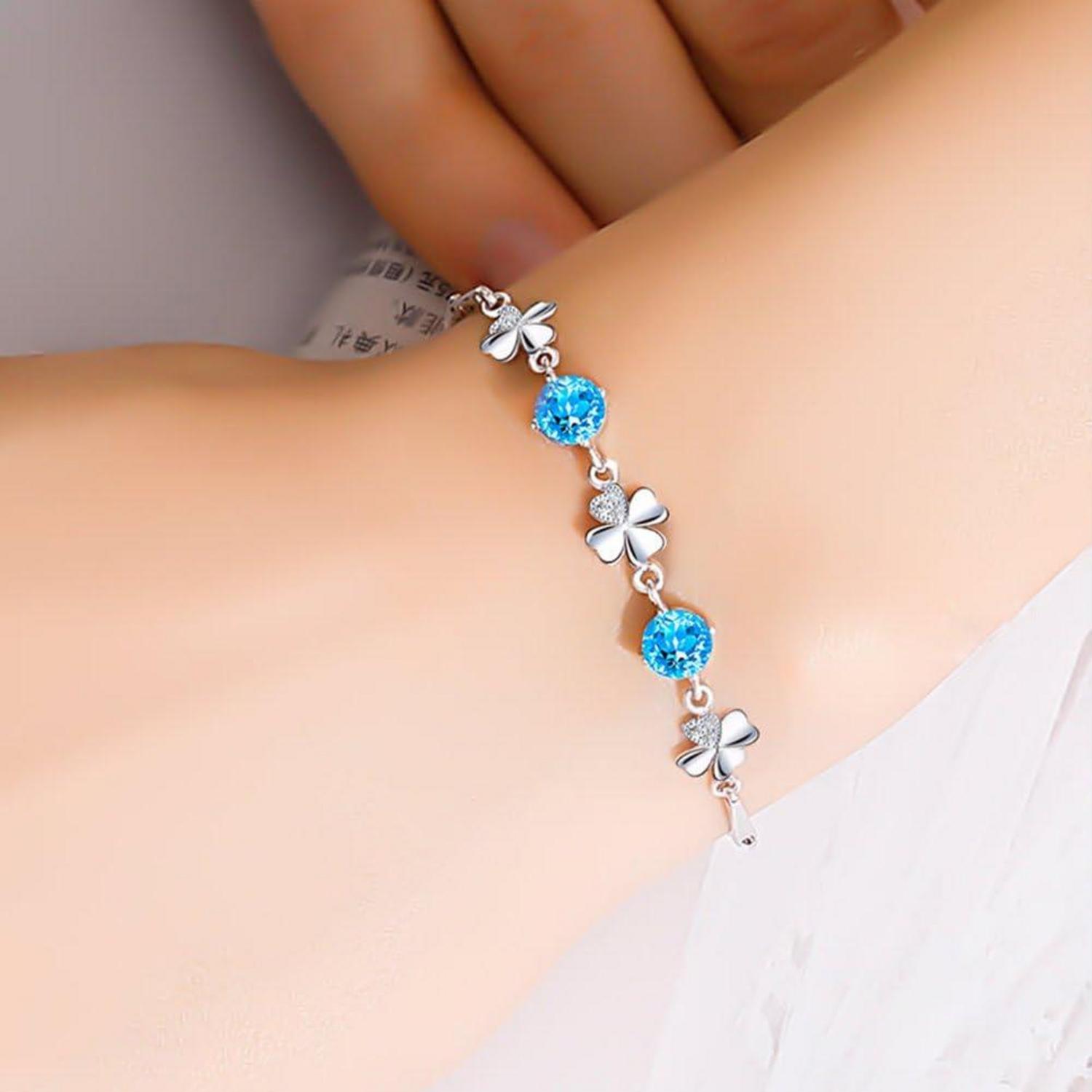 Damen Armband Silber 925 Sterling Silber Klee Armkette Weiß Blau Zirkonia