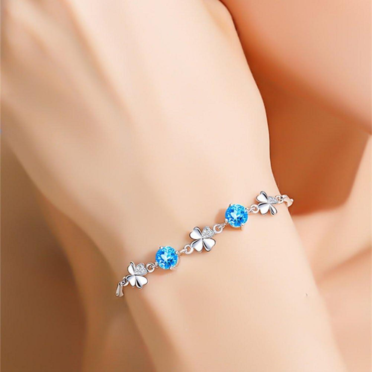 Armband Damen Silber 925 Klee Armkette mit Zirkonia Geschenkbox