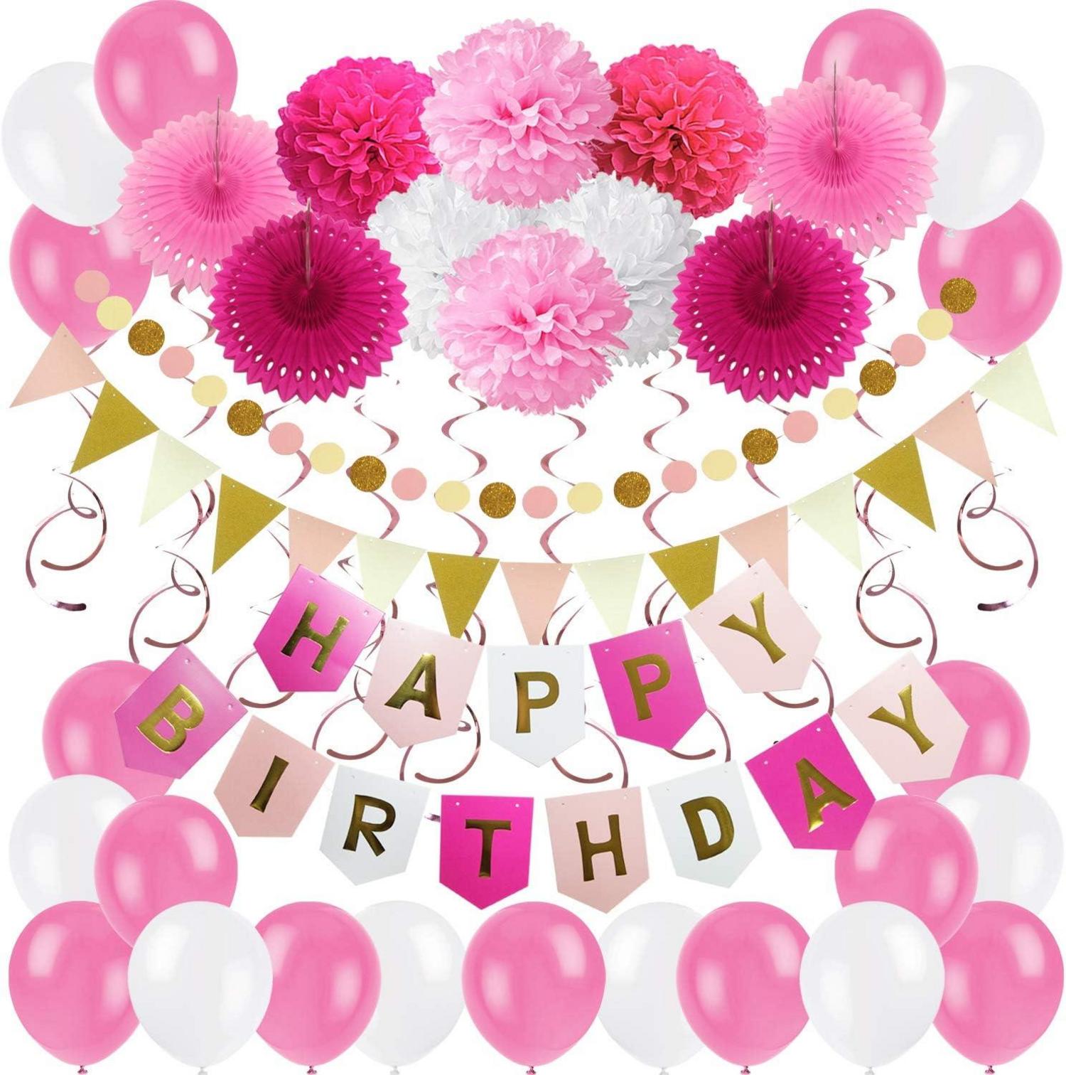 Geburtstagsdeko Happy Birthday Girlande Pompoms Papier Fans Spiral