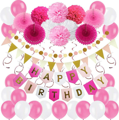 Geburtstagsdeko Happy Birthday Girlande Pompoms Papier Fans Spiral