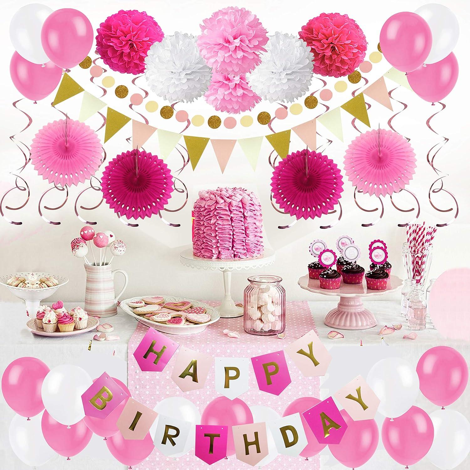 ZERODECO Geburtstagsdeko Happy Birthday Party Set Rosa
