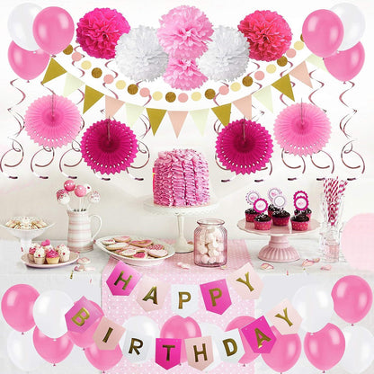 ZERODECO Geburtstagsdeko Happy Birthday Party Set Rosa