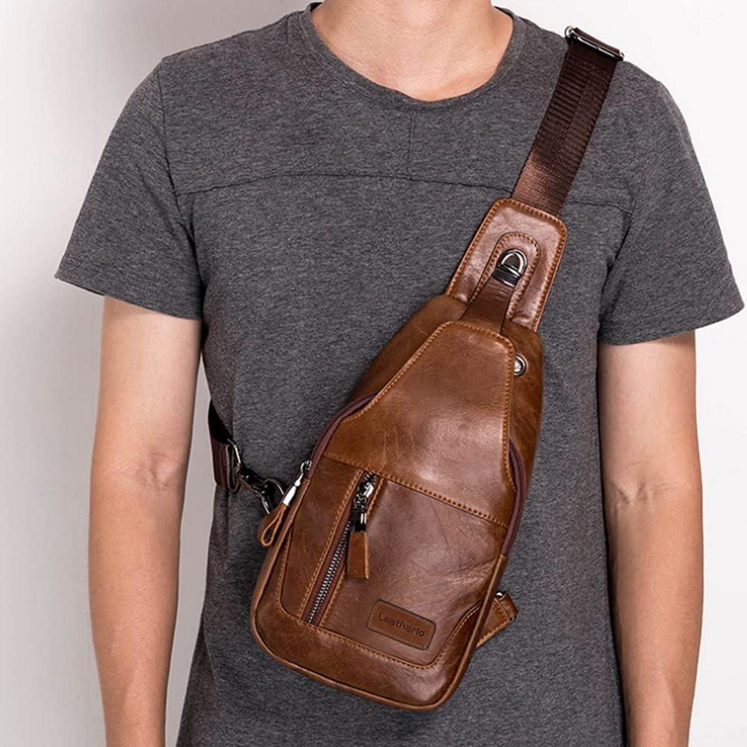 Herren Brusttasche Echtes Leder Schultertasche Rucksack Braun