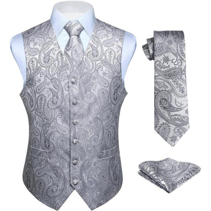 Herren Jacquard Weste Krawatte Einstecktuch Set Grau 6XL