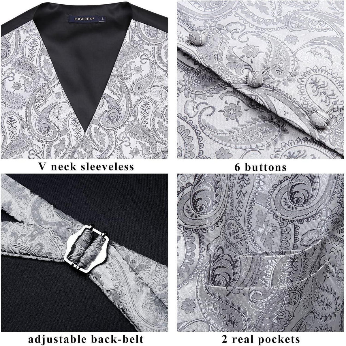 Herren Jacquard Weste Krawatte Einstecktuch Set Grau 6XL
