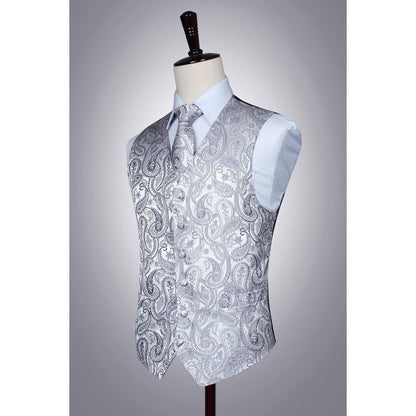 Herren Jacquard Weste Krawatte Einstecktuch Set Grau 6XL