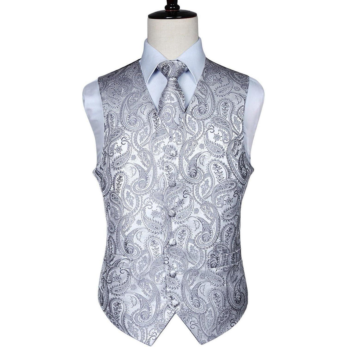 Herren Jacquard Weste Krawatte Einstecktuch Set Grau 6XL