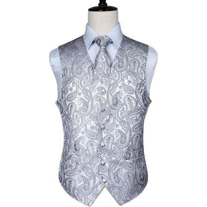 Herren Jacquard Weste Krawatte Einstecktuch Set Grau 6XL