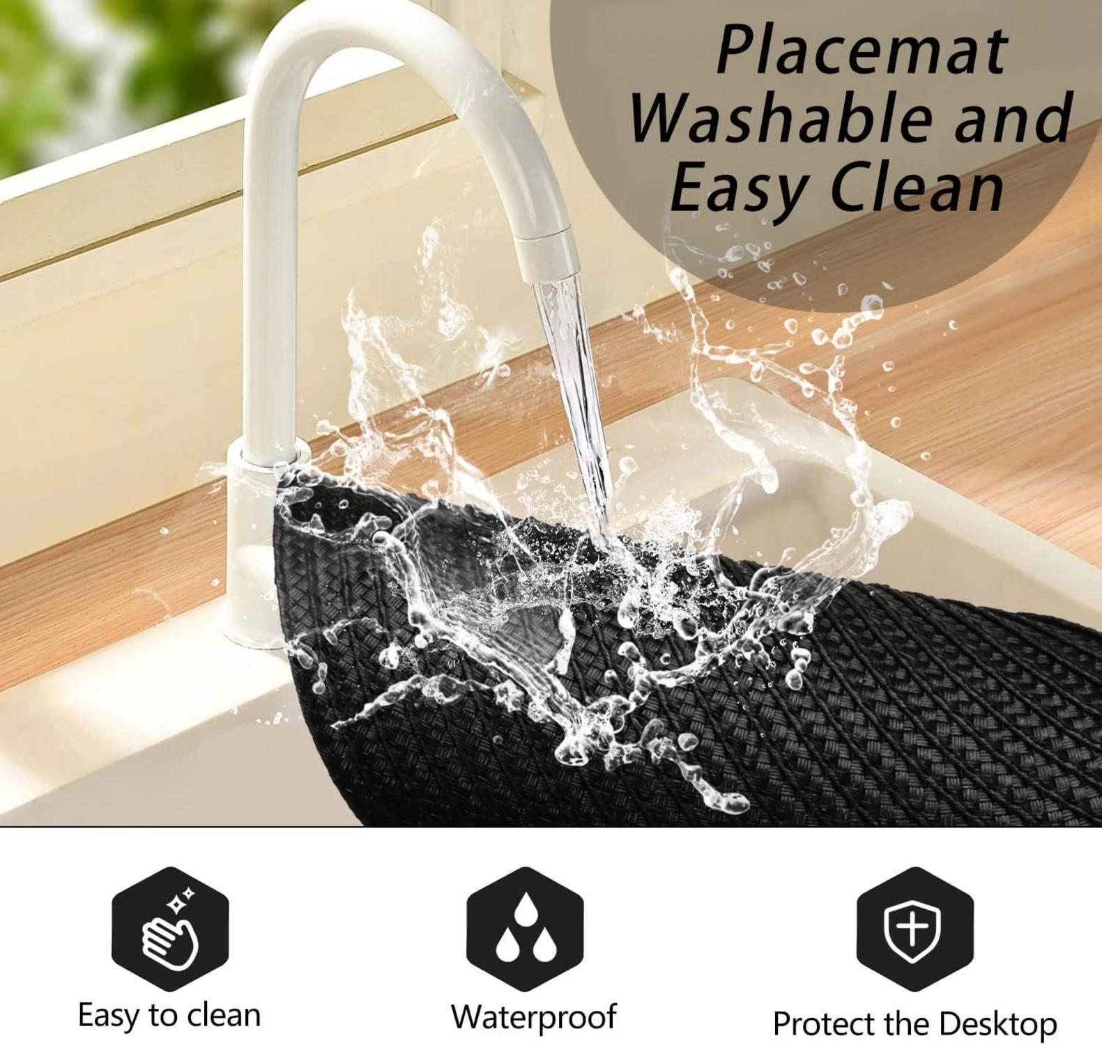 Homcomodar Runde Tischsets Set von 6 Platzdeckchen Schwarz 34cm - Abwaschbar & Hitzebeständig
