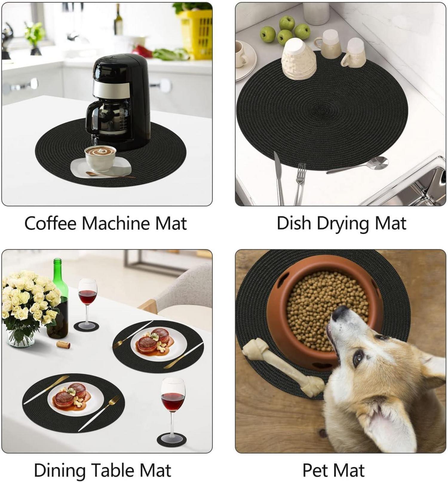 Runde Platzsets Set von 6 abwaschbar hitzebeständig 34cm Schwarz
