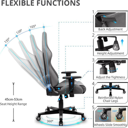Gaming Stuhl Ergonomischer Gamer Stuhl Stoff Racing Bürostuhl Grau