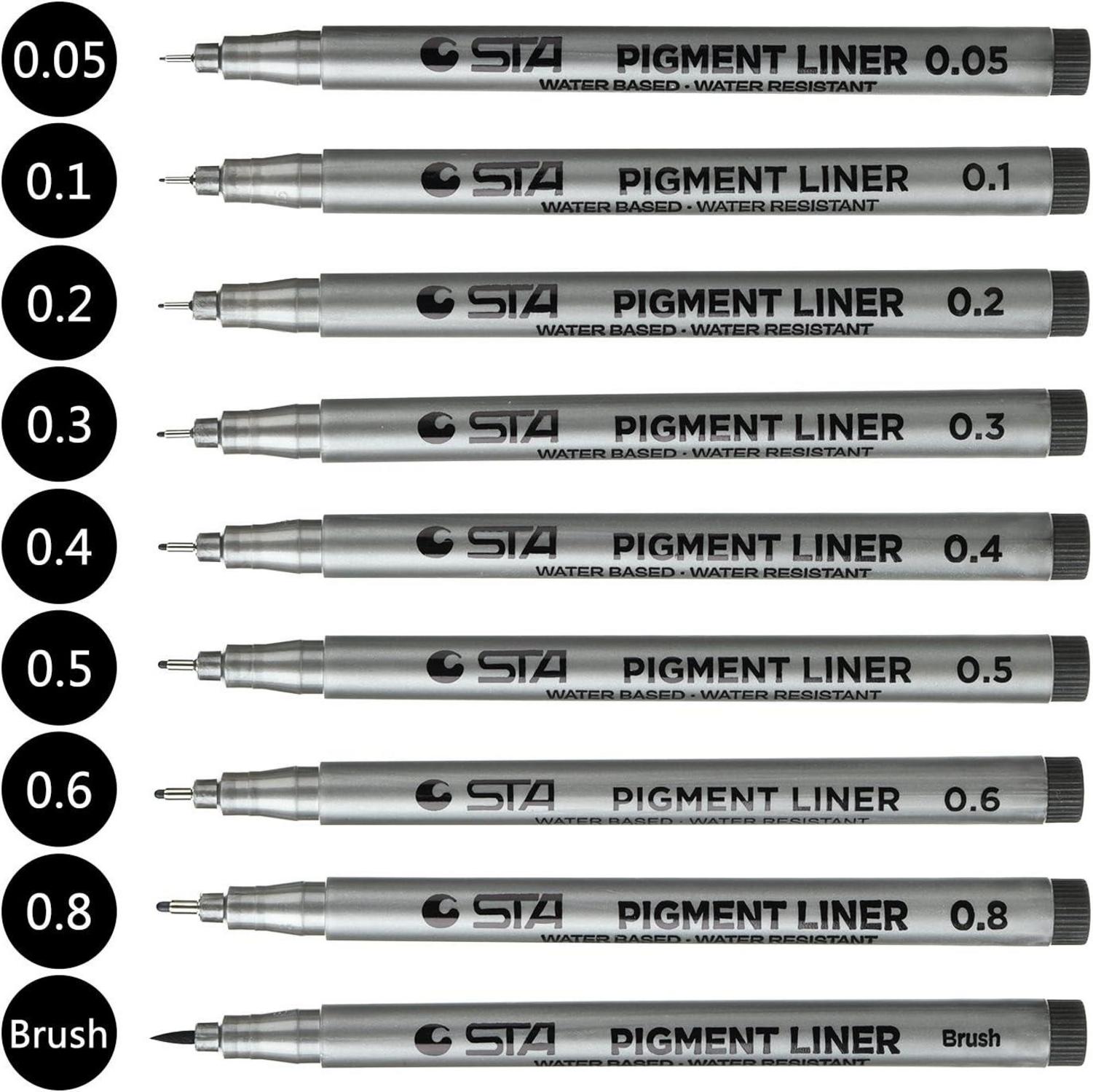 9 Fineliner Stifte Set - Pigmentliner, wasserdicht, zum Skizzieren, Zeichnen, Illustration - Schwarz